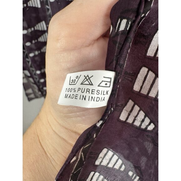 Womens Purple Silk Rectangle Blouse Wooden Doll Print Black White Geo Head Scarf - Picture 5 of 13